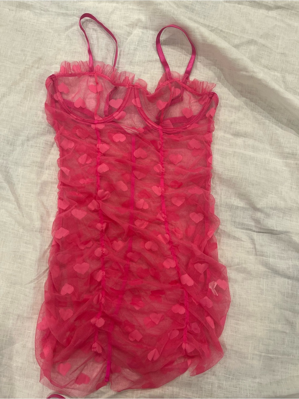 Pink Heart-Accent Mesh Chemise with Adjustable Straps